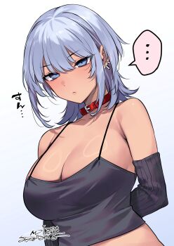 ... 1girl arm_behind_back arm_warmers bare_shoulders black_arm_warmers black_camisole blue_eyes blush breasts camisole cleavage closed_mouth collar commentary_request dated ear_piercing expressionless grey_hair highres large_breasts medium_hair mitsuba_minoru original piercing red_collar signature simple_background solo spoken_ellipsis upper_body