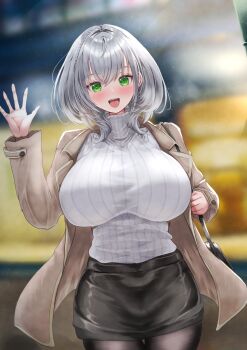 0806ohji :d absurdres bag black_pantyhose black_skirt blurry blurry_background blush breasts brown_coat coat commentary_request green_eyes grey_hair handbag highres hololive large_breasts long_sleeves looking_at_viewer medium_hair open_mouth pantyhose ribbed_sweater shirogane_noel short_hair skirt smile standing sweater turtleneck turtleneck_sweater virtual_youtuber waving white_sweater