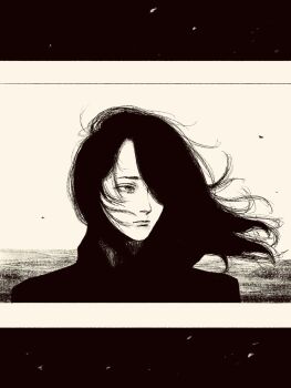 1girl black_border black_hair border greyscale highres long_hair looking_at_viewer monochrome one_eye_covered original solo tp_p_pt white_background