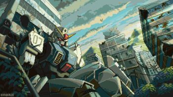 1boy animated animated_gif artist_name bird bodysuit building bush city cloud cloudy_sky commentary damaged english_commentary evening ground_gundam gundam gundam_08th_ms_team helmet holding holding_unworn_helmet kirokaze light_rays mecha mecha_focus mecha_pilot_suit missing_limb mobile_suit mountain normal_suit_(gundam) on_mecha outdoors pilot_helmet pixel_art power_lines robot ruins science_fiction shiro_amada sitting sky standing sunbeam sunlight unworn_headwear unworn_helmet utility_pole v-fin white_bodysuit