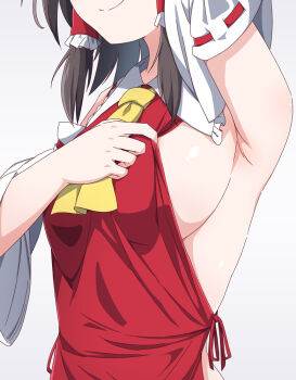 Rule 34 | 1girl, ascot, black hair, breasts, frilled hair tubes, frills, hair tubes, hakurei reimu, head out of frame, hiro (pqtks113), short hair, sideboob, smile, solo, touhou, yellow ascot