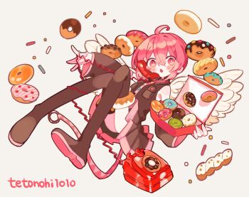 1girl :o ahoge antique_phone bare_shoulders blush boots brown_boots brown_shirt brown_skirt brown_sleeves collared_shirt commentary corded_phone detached_sleeves donut double-parted_bangs food full_body hair_between_eyes highres kasane_teto long_sleeves looking_at_viewer miniskirt open_mouth phone pleated_skirt red_hair romaji_text rotary_phone shirt short_hair simple_background skirt sleeveless sleeveless_shirt solo sucre_(236rm) symbol-only_commentary thigh_boots utau white_background