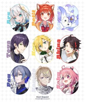 4girls 5boys :o ahoge animal_ears ars_almal ars_almal_(1st_costume) bell black_bow black_bowtie black_gloves black_hoodie black_jacket blonde_hair blue_eyes blue_hair blue_shirt blush bow bowtie brown_hair character_name choker collared_shirt colored_inner_hair fingerless_gloves followers_favorite_challenge fura_kanato fura_kanato_(3rd_costume) glasses gloves green_eyes grey_shirt head_tilt highres hood hood_down hoodie jacket kenmochi_touya kenmochi_touya_(9th_costume) koyanagi_rou koyanagi_rou_(1st_costume) looking_at_viewer lunlun_(nijisanji) mosako multicolored_hair multiple_boys multiple_drawing_challenge multiple_girls neck_bell nijisanji one_eye_closed open_mouth orange_eyes orange_hair orange_jacket otomo_(koyanagi_rou) pink_eyes pink_hair purple_hair ratna_petit ratna_petit_(5th_costume) red_bow red_bowtie red_hair saegusa_akina saegusa_akina_(3rd_costume) sasaki_saku sasaki_saku_(10th_costume) shirt simple_background smile streaked_hair two-tone_shirt upper_body uzuki_kou uzuki_kou_(2nd_costume) v-shaped_eyebrows virtual_youtuber white_background white_choker white_hair white_hoodie white_shirt