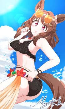 Rule 34 | 1girl, absurdres, animal ears, ass, bare shoulders, bikini, black bikini, blue sky, blush, breasts, brown-tinted eyewear, brown hair, cloud, commentary request, cosplay, eyewear on head, hair between eyes, hair ornament, hairclip, heart, heart-shaped eyewear, highres, horse ears, horse girl, horse tail, jewelry, light hello (umamusume), long hair, looking at viewer, maruzensky (hot summer night) (umamusume), maruzensky (umamusume), maruzensky (umamusume) (cosplay), matty (matsutomo), medium breasts, necklace, official alternate costume, open mouth, orange-tinted eyewear, red eyes, ruffle bikini, sky, solo, sunglasses, swimsuit, tail, tinted eyewear, umamusume, water, white-framed eyewear