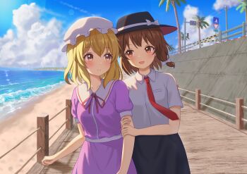 2girls absurdres arm_hug beach black_hat black_skirt blonde_hair blush bow breast_pocket brown_eyes brown_hair closed_mouth cloud cloudy_sky collarbone collared_dress collared_shirt commentary contrast_collar day dress hair_between_eyes hair_bow hat hat_bow highres maribel_hearn medium_hair mob_cap multicolored_eyes multiple_girls neck_ribbon necktie open_mouth pocket purple_dress purple_eyes railing red_necktie red_ribbon ribbon road_sign sand sash shiro_(user_1048334293) shirt short_sleeves sign skirt sky sleeve_cuffs smile touhou traffic_light tree two-tone_eyes usami_renko walking white_hat white_sash white_shirt yellow_eyes yuri