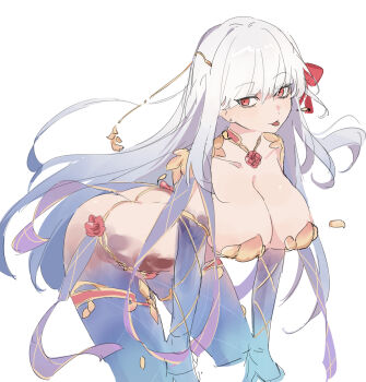 1girl all_fours armlet armor ass bikini_armor blue_hair blue_skin breasts cleavage collar colored_inner_hair colored_skin earrings fate/grand_order fate_(series) hair_ribbon highres jewelry kaigan0211 kama_(adult)_(fate) kama_(assassin)_(third_ascension)_(fate) kama_(fate) kama_(third_ascension)_(fate) large_breasts long_hair looking_at_viewer metal_collar multicolored_hair red_eyes ribbon solo thighlet thighs tongue tongue_out two-tone_hair white_hair