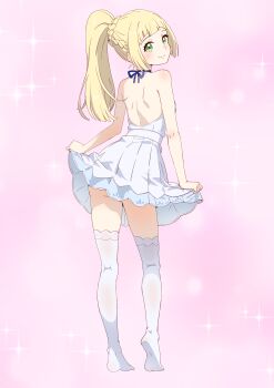 Rule 34 | 1girl, absurdres, ass, backless dress, backless outfit, blonde hair, dress, from behind, full body, green eyes, highres, lillie (pokemon), long hair, looking at viewer, looking back, matsuokalive10, nintendo, pink background, pokemon, pokemon sm, revision, simple background, smile, solo, thighhighs, underbutt, white background, white dress, white thighhighs