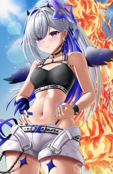 Rule 34 | 1girl, absurdres, amane kanata, amane kanata (another world), armanditto, bare shoulders, black choker, black nails, black sports bra, blue hair, blue halo, blue wings, choker, clenched hand, closed mouth, collarbone, commentary, crossed bangs, english commentary, fingernails, gradient hair, gradient wings, grey hair, hair between eyes, halo, hand on own hip, heart, highres, hololive, jewelry, kiryu coco, long hair, looking up, mini wings, multicolored hair, multicolored wings, nail polish, navel, necklace, o-ring, o-ring choker, official alternate costume, official alternate hairstyle, parted bangs, purple eyes, short shorts, shorts, single hair intake, smile, solo, sports bra, star halo, stomach, virtual youtuber, white shorts, wings