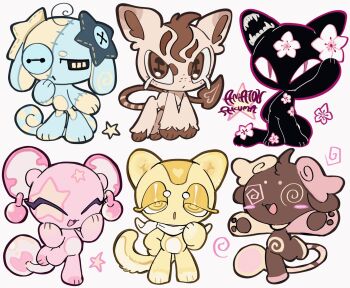 6+others :3 :d @_@ ^_^ amatou_akuma animal_ears animal_hands arm_up artist_name blush_stickers brown_eyes button_eyes buttons cat_ears cat_tail cherry_blossoms chibi chibi_only chibikemo closed_eyes demon_tail freckles full_body furry hands_on_own_face highres looking_at_viewer multiple_others open_mouth original other_focus outstretched_arms pawpads pink_eyes scarf sentient_stuffed_toy simple_background slit_pupils smile smiley_face standing standing_on_one_leg star_(symbol) stitched_face stitches tail white_background white_scarf yellow_eyes