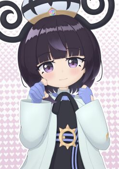 1girl absurdres belt belt_buckle black_belt black_dress blue_belt blunt_bangs blush bob_cut buckle closed_mouth coat commentary_request dress eyelashes gloves gwynn_(pokemon) hat heart heart_background highres long_sleeves looking_at_viewer nintendo o-ring o-ring_belt open_clothes open_coat outline partially_fingerless_gloves pokemon pokemon_legends:_z-a purple_eyes purple_hair seisankariii short_hair smile solo striped_belt two-tone_belt upper_body white_coat white_outline