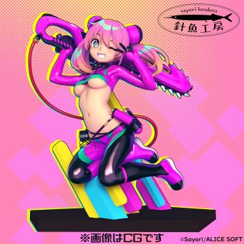 1girl 3d aqua_eyes arms_up battery blush bodysuit breasts cable chainsaw commentary_request dohna_dohna_issho_ni_warui_koto_o_shiyou figure full_body grin highres holding holding_chainsaw kirakira_(dohna_dohna) looking_at_viewer medium_breasts medium_hair midriff multicolored_bodysuit multicolored_hair navel one_eye_closed onono_imoko orange_hair partial_bodysuit pink_hair sayori_(neko_works) skindentation smile solo teeth twintails two-tone_hair underboob v v_over_eye