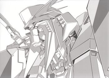 absurdres artist_request cable concept_art greyscale gundam gundam_hathaway's_flash highres mecha mecha_focus mobile_suit monochrome no_humans official_art portrait promotional_art robot scan science_fiction solo v-fin white_background xi_gundam