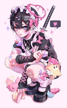 Rule 34 | 1boy, apron, arm warmers, bag, bandaid, bandaid on arm, bandaid on face, bandaid on knee, bandaid on leg, blister pack, crossdressing, crossdressing (mtf), earrings, hair between eyes, halo, heart, heart halo, highres, jewelry, kaminoq, katana, looking at viewer, maid apron, maid headdress, male focus, original, piercing, pink ribbon, pointy ears, razor, ribbon, safety pin, shoulder bag, solo, sparkle, squatting, sword, tongue, tongue out, tongue piercing, watermark, weapon, white background, yami kawaii