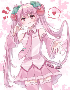 1girl ahoge bare_shoulders blush breasts cherry cherry_blossoms cherry_hair_ornament closed_mouth collarbone collared_shirt commentary_request detached_sleeves flower food food-themed_hair_ornament fruit hair_between_eyes hair_ornament hatsune_miku heart highres long_hair long_sleeves looking_at_viewer medium_breasts necktie pink_eyes pink_hair pink_necktie sakura_miku shirt sk_duki sleeveless sleeveless_shirt solo speech_bubble spoken_heart thighhighs tie_clip tongue tongue_out twintails very_long_hair vocaloid white_shirt white_trim wide_sleeves zettai_ryouiki