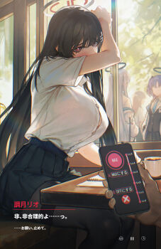1boy 4girls absurdres black_hair black_halo black_pantyhose black_skirt blue_archive blush booth_seating breasts button_gap halo highres holding holding_phone huge_breasts implied_vibrator indoors kryp132 long_hair looking_at_viewer multicolored_halo multiple_girls noa_(blue_archive) pantyhose phone pleated_skirt pov pov_hands red_eyes red_halo remote_control_vibrator rio_(blue_archive) sex_toy shirt shirt_tucked_in skirt translation_request two-tone_halo vibrator white_shirt window yuuka_(blue_archive)