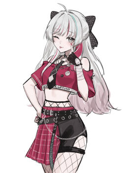 Rule 34 | absurdres, alternate costume, alternate design, alternate universe, bandaged wrist, bandages, black necktie, casual, crop top, cropped shirt, ear piercing, grey eyes, hashtag-only commentary, highres, mario (series), midriff, multicolored hair, necktie, nintendo, off-shoulder shirt, off shoulder, piercing, red shirt, rosalina, shanyan0706, shirt, standing, streaked hair, super mario galaxy, white hair