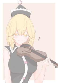 1girl ? absurdres bare_arms black_hat black_shirt blonde_hair blush border breasts collared_shirt commentary crescent crescent_hat_ornament double-parted_bangs frilled_hat frills hat hat_ornament highres hirokazukaku holding holding_instrument holding_violin instrument large_breasts looking_at_viewer lunasa_prismriver medium_hair outside_border shirt simple_background sleeveless sleeveless_shirt smile solo symbol-only_commentary touhou upper_body violin white_border yellow_eyes