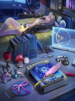 1girl absurdres arms_behind_head black_jacket book book_stack bug butterfly character_doll closed_mouth commentary_request doll egg grey_hair hair_between_eyes highres honkai:_star_rail honkai_(series) indoors insect isome jacket little_ica_(honkai:_star_rail) long_hair lying on_back pillow quill shirt solo stelle_(honkai:_star_rail) thigh_strap trailblazer_(honkai:_star_rail) tribbie_(honkai:_star_rail) very_long_hair white_shirt yellow_butterfly yellow_eyes