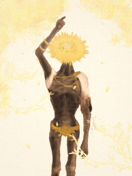 1boy adrianik arm_up bracelet cape colored_skin commentary cowboy_shot elden_ring emaciated english_commentary falling_leaves gold_bracelet goldmask's_mask goldmask_(elden_ring) grey_skin jewelry leaf loincloth male_focus mask oil_painting_(medium) painterly painting_(medium) solo standing torn_clothes traditional_media watermark white_cape yellow_background yellow_leaves yellow_theme