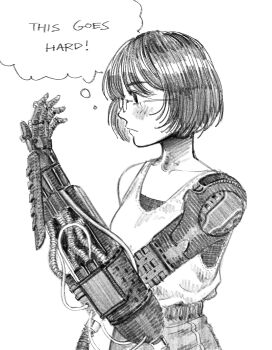 1girl blush collarbone english_text glasses heidi_(heytherenrds) highres mechanical_arms monochrome original prosthesis prosthetic_arm short_hair single_mechanical_arm sketch solo speech_bubble thought_bubble tube upper_body