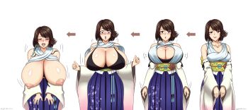 1girl abridged-satoko black_bra bra breast_expansion breasts brown_hair cleavage final_fantasy final_fantasy_x hakama hakama_skirt heterochromia highres huge_breasts japanese_clothes long_skirt looking_at_viewer medium_breasts nipples obi puffy_nipples sagging_breasts sash sequential shiny_skin short_hair simple_background skirt underwear yuna_(ff10)