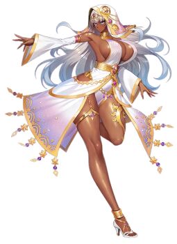 1girl action_taimanin alternate_costume aoi_nagisa_(metalder) bare_legs bare_shoulders blue_eyes breasts cleavage curvy dark-skinned_female dark_elf dark_skin eleonor_(taimanin_rpgx) elf full_body game_cg green_eyes highleg hood hoodie huge_breasts jumping lilith-soft long_hair long_sleeves official_alternate_costume official_art pelvic_curtain pointy_ears revealing_clothes see-through_clothes shiny_skin sideboob taimanin_(series) tattoo transparent_background very_long_hair white_hair wide_hips