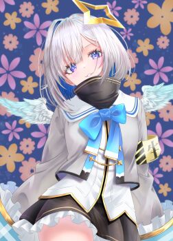 1girl absurdres amane_kanata black_skirt blue_bow blue_hair bow colored_inner_hair commentary feathered_wings grey_jacket hair_ornament highres hololive jacket looking_at_viewer multicolored_hair nanaki24 parted_lips purple_eyes sailor_collar shirt short_hair skirt smile solo star_(symbol) star_hair_ornament two-tone_hair virtual_youtuber white_hair white_sailor_collar white_shirt wings