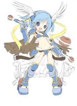 1girl :d absurdres armor blue_eyes blue_hair boots flat_chest full_body greaves head_wings highres holding long_hair looking_at_viewer moetan navel open_mouth pop_(electromagneticwave) queen&#039;s_blade queen&#039;s_gate smile solo standing thighhighs twintails weapon white_background wings