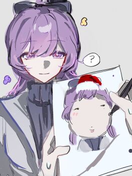 1boy 1girl ? bow chinese_commentary closed_mouth coat collared_coat commentary_request couple dijun66782 drawing_(action) hair_between_eyes hair_bow happy hat highres holding holding_paper honkai_(series) honkai_impact_3rd kevin_kaslana light_smile long_hair looking_at_viewer mei_(honkai_impact) nervous_sweating paper pov purple_eyes purple_hair santa_hat shade spoken_question_mark standing sweat sweater upper_body
