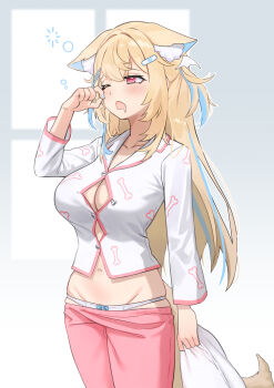 1girl ;o absurdres alternate_costume animal_ear_fluff animal_ears bandaid bandaid_hair_ornament blonde_hair blue_hair blue_nails blush borrowed_clothes bow bow_panties breasts button_gap cartoon_bone cleavage clothes_pull crop_top dog_ears dog_girl dog_tail drooling fuwawa_abyssgard hair_ornament highres holding holding_pillow hololive hololive_english kangbus large_breasts long_hair long_sleeves midriff multicolored_hair navel one_eye_closed open_mouth pajamas panties pants pants_pull pillow pink_eyes pink_pants rubbing_eyes sleepy solo squeans stomach streaked_hair tail two_side_up undersized_clothes underwear very_long_hair virtual_youtuber white_pajamas white_panties