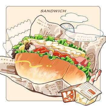 1girl absurdres aoyama_wasabi blush_stickers brown_hair cheese closed_mouth commentary feet food food_focus food_wrapper ham highres in_food interlocked_fingers ketchup lettuce long_hair lying mayonnaise mini_person minigirl on_back original own_hands_together sandwich soles solo steam symbol-only_commentary toes