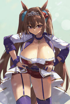 1girl absurdres alternate_breast_size_(larger) animal_ears breasts brown_hair choker cleavage commentary_request cowboy_shot daiwa_scarlet_(umamusume) feipin_zhanshi garter_straps grin hands_on_own_hips highres horse_ears horse_girl large_breasts lens_flare long_hair looking_at_viewer parted_lips pink_eyes shorts skindentation smile solo thighhighs tiara twintails umamusume very_long_hair