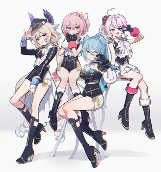 4girls :d absurdres ahoge aqua_eyes aqua_nails black_gloves blonde_hair blue_hair blush breasts commentary elira_pendora english_commentary enna_alouette full_body gloves hair_between_eyes half-heart_hands hat heart heart_ahoge heart_hands heterochromia high_heels highres large_breasts leaning_on_table long_hair looking_at_viewer low_twintails maria_marionette medium_hair midriff multicolored_hair multiple_girls nijisanji nijisanji_en nijisanji_idol_uniform official_alternate_costume on_table open_mouth peaked_cap pink_eyes pink_hair purple_eyes red_eyes rosemi_lovelock salute shorts side_ponytail sitting skirt small_breasts smile streaked_hair table thighs twintails v very_long_hair virtual_youtuber waka_(wk4444)