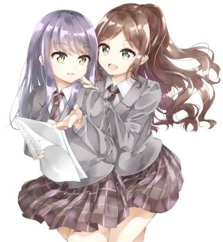 2girls aose_ao bang_dream! brown_hair brown_necktie brown_skirt collared_shirt commentary_request green_eyes grey_hair grey_jacket hands_on_another's_shoulders highres holding imai_lisa jacket long_sleeves minato_yukina multiple_girls necktie open_mouth plaid_clothes plaid_skirt pleated_skirt ponytail shirt simple_background skirt upper_body white_background white_shirt yellow_eyes