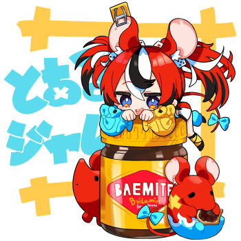 1girl :d absurdres animal_ears asymmetrical_legwear black_hair black_shoes blue_bow blue_eyes blue_sleeves blue_socks bow chibi commentary_request detached_sleeves dice_hair_ornament hair_ornament hakos_baelz hakos_baelz_(1st_costume) highres hololive hololive_english kutata long_sleeves loose_socks mismatched_legwear mouse_ears mouse_girl mouse_tail mousetrap mr._squeaks_(hakos_baelz) multicolored_hair open_mouth pleated_skirt puffy_long_sleeves puffy_sleeves red_hair sharp_teeth shoes simple_background skirt sleeves_past_wrists smile socks streaked_hair tail tail_bow tail_ornament teeth text_background translation_request twintails vegemite virtual_youtuber white_background white_hair yellow_sleeves yellow_socks