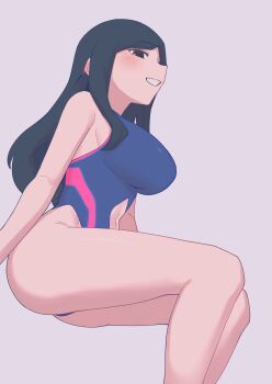 1girl absurdres black_eyes black_hair blue_one-piece_swimsuit breasts clothing_cutout commentary feet_out_of_frame grin highres invisible_chair large_breasts long_hair looking_at_viewer navel navel_cutout one-piece_swimsuit sakurai_touko senpai_ga_uzai_kouhai_no_hanashi shiromanta simple_background sitting smile solo swimsuit symbol-only_commentary