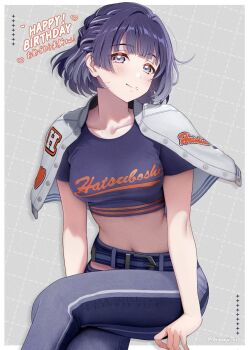 Rule 34 | 1girl, belt, blush, border, braid, breasts, campus mode!! (idolmaster), capelet, closed mouth, clothes writing, collarbone, commentary request, cropped shirt, crossed legs, gakuen idolmaster, grey capelet, grid background, happy birthday, hataya misuzu, highres, hirosaji, idolmaster, looking at viewer, medium breasts, midriff, mole, mole under mouth, navel, pants, purple belt, purple eyes, purple hair, purple pants, purple shirt, shirt, short hair, short sleeves, side braid, sitting, smile, solo, turning head, twitter username, white border