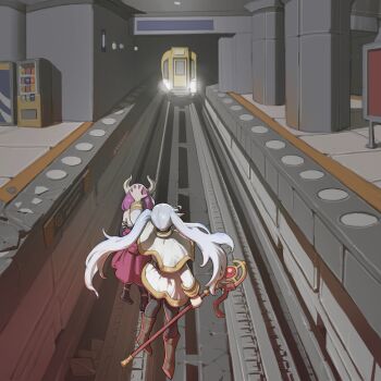 2girls absurdres aura_(sousou_no_frieren) aura_bullying_(meme) boots brown_boots capelet demon_girl demon_horns earrings elf floating_earrings flying frieren highres horns indoors invincible_(series) jewelry long_hair mage_staff meme multiple_girls pacpoi pointy_ears purple_hair sousou_no_frieren staff subway train twintails white_capelet white_hair