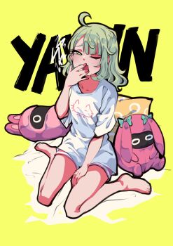 Rule 34 | 1girl, absurdres, alternate costume, animal print, bangboo (zenless zone zero), barefoot, cat print, collarbone, commentary, covering own mouth, english commentary, full body, green background, green eyes, green hair, half-closed eye, highres, mujib, open mouth, pillow, pink nails, shirt, sitting, sunna (zenless zone zero), wariza, white shirt, yawning, zenless zone zero