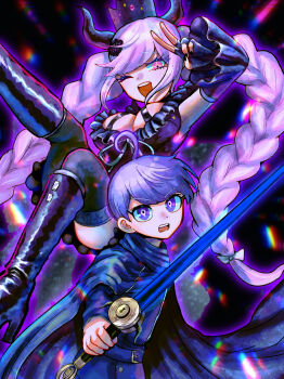 1boy 1girl absurdres black_crown black_dress black_horns black_thighhighs blue_cape boots braid breasts cape cleavage criss-cross_halter crown dress eyeliner floating halterneck highres horns knee_boots large_breasts long_hair looking_at_viewer makeup master_detective_archives:_rain_code one_eye_closed open_mouth pink_eyes purple_eyeliner purple_hair ribbon shinigami_(rain_code) short_hair smile symbol_in_eye thighhighs twin_braids uyu_(yumeyumepop7) v white_ribbon yuma_kokohead