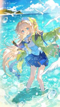 1girl :d absurdres ahoge bird blonde_hair blue_eyes blue_necktie blue_skirt blush cloud day double-parted_bangs full_body green_jacket hair_between_eyes hat highres jacket long_hair long_sleeves looking_at_viewer necktie open_clothes open_jacket open_mouth original outdoors pleated_skirt seagull shirt skirt smile solo standing wading watermark white_hat white_shirt yi_kuai_cha_suyou