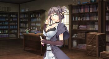 1girl absurdres adjusting_eyewear atelier-moo black_bow black_collar bookshelf bow bow_choker breasts bridal_gauntlets brown_hair choker cleavage closed_mouth collar collarbone cowboy_shot day dress folded_ponytail game_cg glasses green_eyes grey_jacket hair_between_eyes half-closed_eyes hand_up highres holding holding_test_tube indoors jacket kanan_yildis large_breasts lipstick looking_at_viewer makeup narrow_waist non-web_source open_clothes open_jacket short_sleeves sleeveless sleeveless_dress smile solo standing test_tube variant_set white_dress window wizards_symphony wooden_box wooden_desk wooden_floor