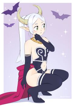 absurdres arm_at_side armor artist_name ass aura_(sousou_no_frieren) bare_hips bare_shoulders black_gloves blush bracelet braid breasts cape capelet chain cleavage closed_mouth clothing_cutout curious demon_horns elbow_gloves elf expressionless frieren full_body gloves gold_bracelet gold_chain green_eyes grey_hair halloween halloween_costume hand_on_own_cheek hand_on_own_face high_heels highres horns jewelry long_hair navel navel_cutout necklace pointy_ears ponytail red_capelet simple_background small_breasts solo_focus sousou_no_frieren stiletto_heels thick_eyebrows thighhighs twitter_username waist_cape white_hair wide_hips zanideer