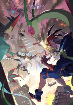 1boy aqua_eyes black_hair black_hoodie dark-skinned_male dark_skin dragapult duraludon e_volution earrings fang flygon gen_3_pokemon gen_4_pokemon gen_5_pokemon gen_6_pokemon gen_8_pokemon gloves gym_leader holding hood hoodie hydreigon jewelry nintendo noivern open_mouth orange_headwear pokemon pokemon_(creature) pokemon_swsh raihan_(pokemon) rotom rotom_phone shoes shorts side_slit single_glove smile tongue watermark