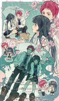 absurdres black_hair chibi flat_color highres holding holding_umbrella long_hair looking_at_another multiple_views portrait rain red_hair umbrella xiabai