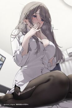 1girl bad_id bad_twitter_id black_pantyhose blue_eyes blush breasts chigusa_minori commentary_request dress_shirt grey_hair hair_ornament hairclip highres indoors large_breasts long_hair loose_hair_strand no_shoes pantyhose parallel_hairclips saotome_shino_(shino_to_ren) shino_to_ren shirt solo steepled_fingers sweat torn_clothes torn_pantyhose