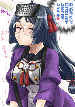 Rule 34 | 1girl, black hair, black sailor collar, commentary request, glasses, headgear, heian maru (kancolle), heian maru (saury festival) (kancolle), highres, incoming kiss, kantai collection, long hair, low-tied long hair, nekotarou (nktr299), purple happi, sailor collar, school uniform, serafuku, solo, translation request