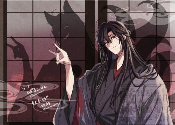 1boy ahoge animal_ears bishounen black_hair black_hanfu chinese_clothes closed_mouth coat different_shadow flower fox fox_boy fox_ears fox_shadow_puppet fox_tail grey_coat hair_between_eyes hair_down hair_ribbon half_updo hanfu highres kemonomimi_mode kitsune kyuubi long_hair looking_at_viewer male_focus modao_zushi multiple_tails off_shoulder official_alternate_costume official_alternate_hairstyle open_clothes open_coat red_eyes red_ribbon ribbon robe semiusa1010 shadow sidelocks silhouette smile smoke solo spider_lily tail twitter_username upper_body watermark wei_wuxian wei_wuxian_(yiling_laozu) wide_sleeves