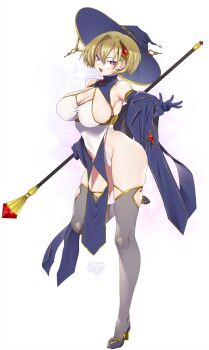 Rule 34 | 1girl, artist logo, bare shoulders, blonde hair, blue gloves, blue hat, blue shoes, breasts, commentary request, commission, covered navel, earrings, elbow gloves, gem, gloves, gold trim, grey thighhighs, hair between eyes, hair ornament, hat, high heels, highleg, highleg leotard, highres, holding, holding staff, jewelry, large breasts, leotard, light blush, logo, looking at viewer, mage staff, murata tefu, open hand, open mouth, original, outstretched arm, purple eyes, red gem, shoes, short hair, skeb commission, smile, solo, staff, standing, standing on one leg, thighhighs, white background, white leotard, witch hat