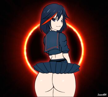 1girl animated animated_gif artist_name ass ass_shake black_hair blue_eyes bouncing bouncing_ass clothes_lift from_behind huge_ass jiggle kill_la_kill looking_at_viewer looking_back looping_animation matoi_ryuuko multicolored_hair red_hair school_uniform senketsu serafuku short_hair skirt skirt_lift smile smug solo standing streaked_hair thigh_gap thong zonen404